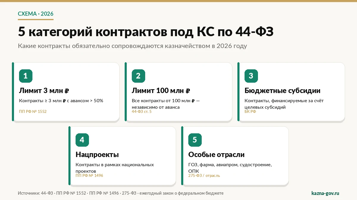 Схема: 5 категорий контрактов под казначейским сопровождением по 44-ФЗ — лимиты 3 млн, 100 млн, бюджетные субсидии, нацпроекты, особые отрасли