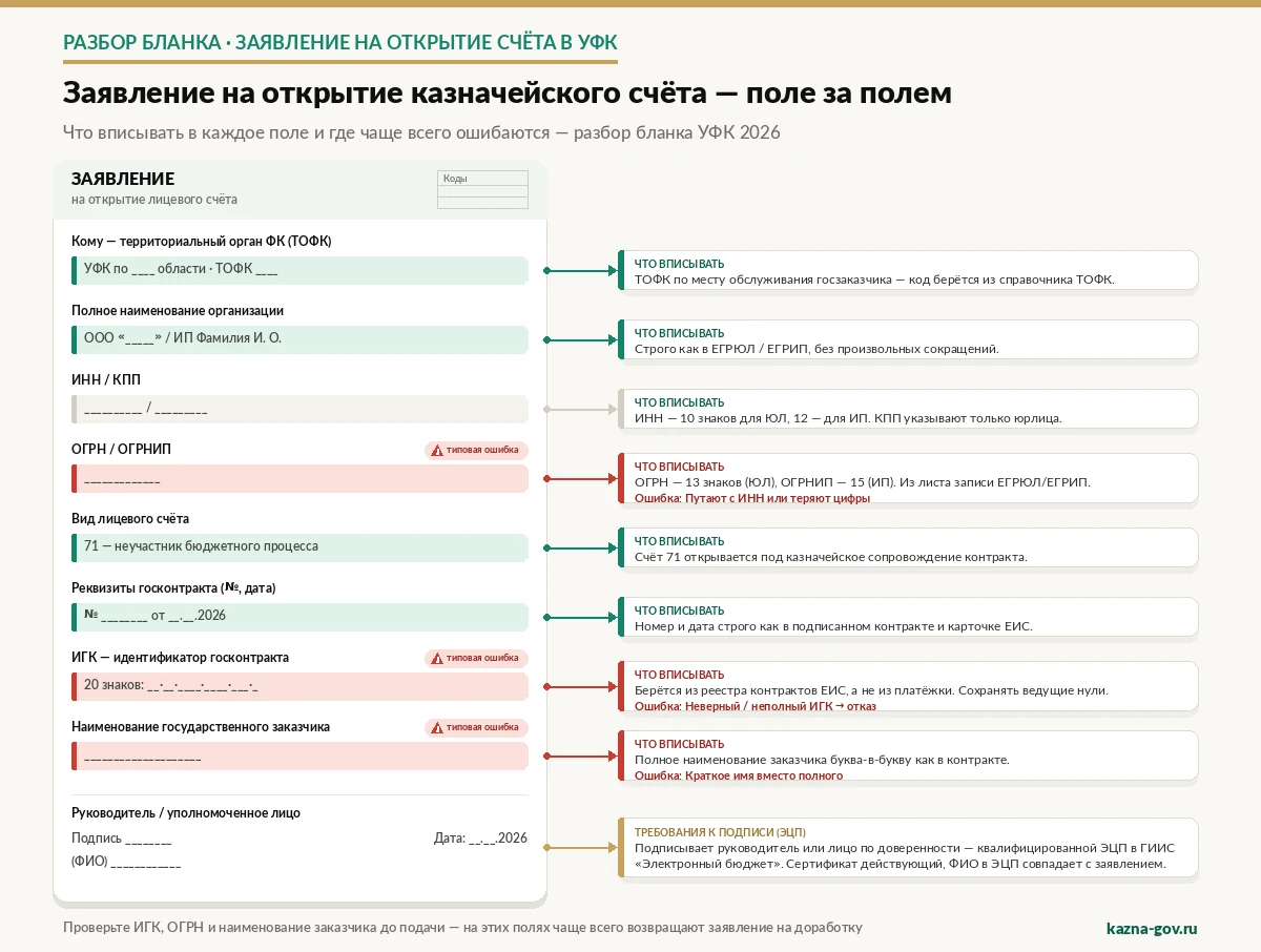 Образец-схема: заявление на открытие казначейского счёта в УФК 2026 с разбором каждого обязательного поля и указанием типичных ошибок при заполнении